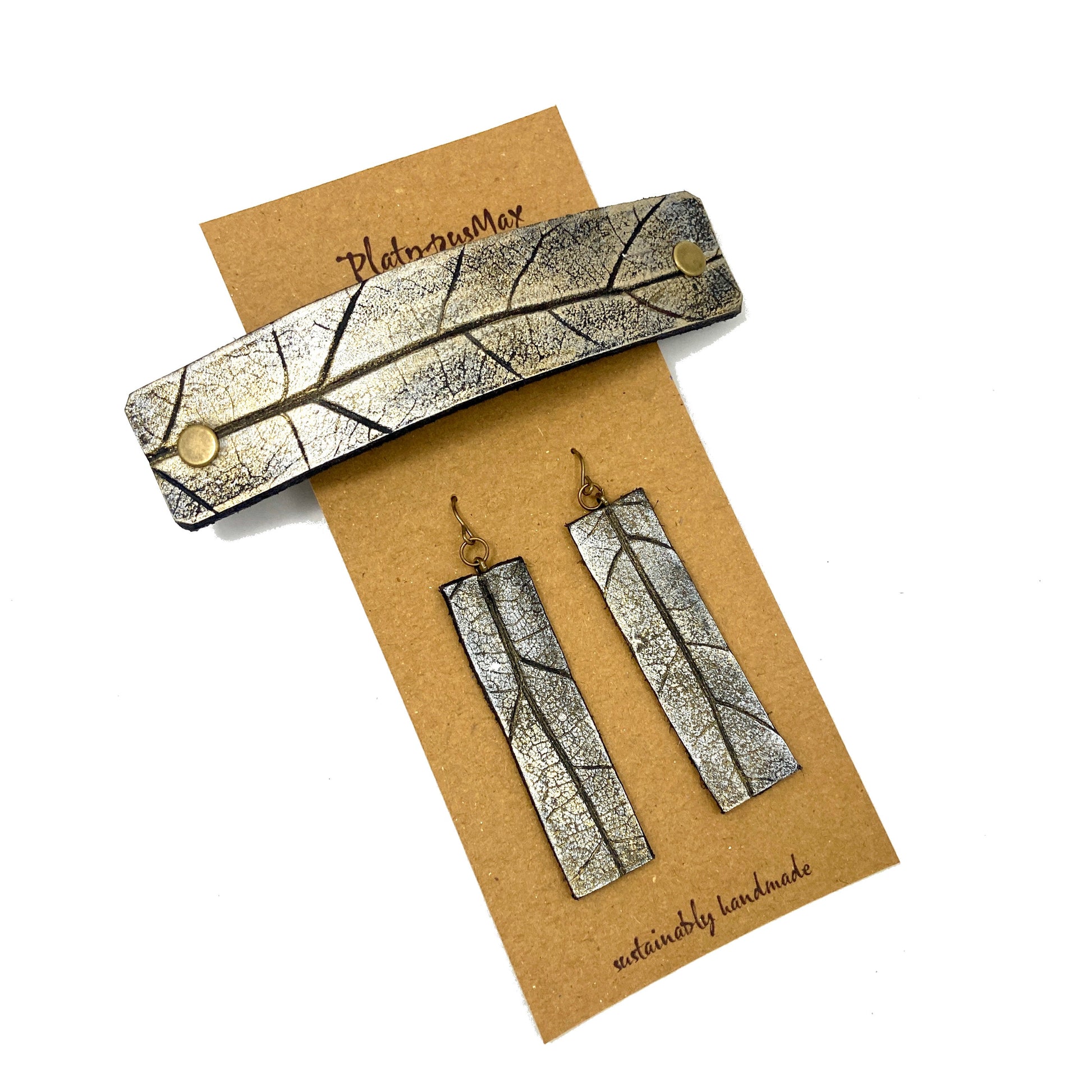 Silvery Gold Oak Leaf Imprint Barrette and Earring Gift Set-1