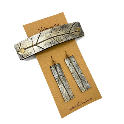 Silvery Gold Oak Leaf Imprint Barrette and Earring Gift Set-1