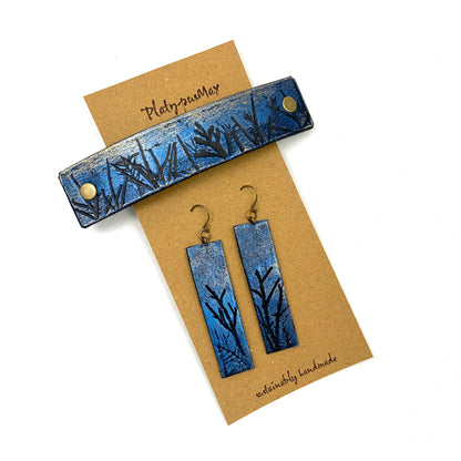 Moonlit Forest Trees Blue & Gold Barrette and Earring Gift Set-1