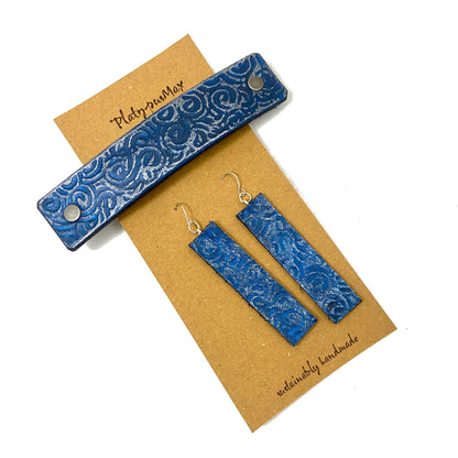 Blue & Silver Ocean Waves / Spirals Barrette and Earring Gift Set-1