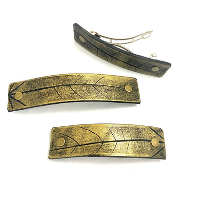 Rustic Gold Oak Leaf Imprint Hair Clip / Leather Barrette-4