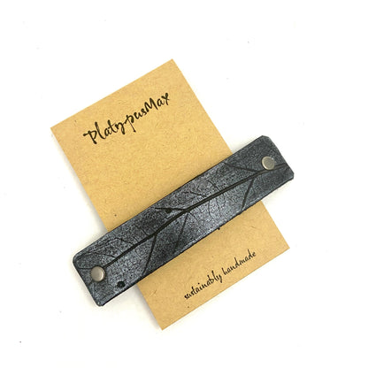 Silver on Black Oak Leaf Imprint Leather Hair Barrette-2