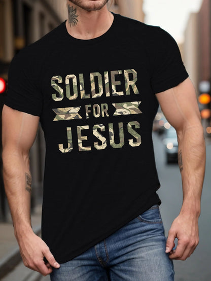 Men's "Soldier for Jesus" Camo Print T-Shirt - Casual Black Short Sleeve Tee with Golden & White Lettering