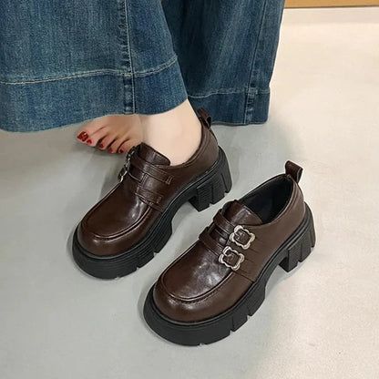 Women's Leather Shoes with High and Low Heels, Fashionable and Versatile New High-quality Retro-style Shoes with A Single Heel