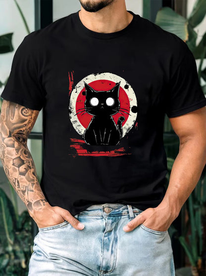 Durable] Men's Retro Cat Graphic T-Shirt - Black Short Sleeve Crewneck, 100% Cotton