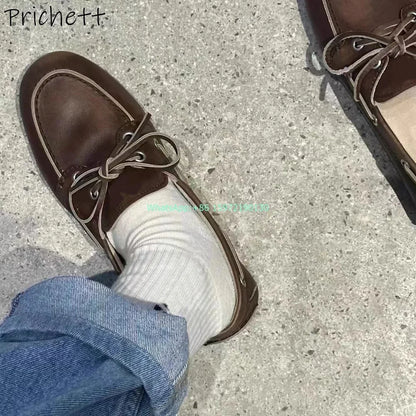 Niche Lace Up Butterfly Knot Pumps Shallow Round Toe Solid Brown Sewing Flat with Shoes Ladies Fashion Leisure Leather Shoes