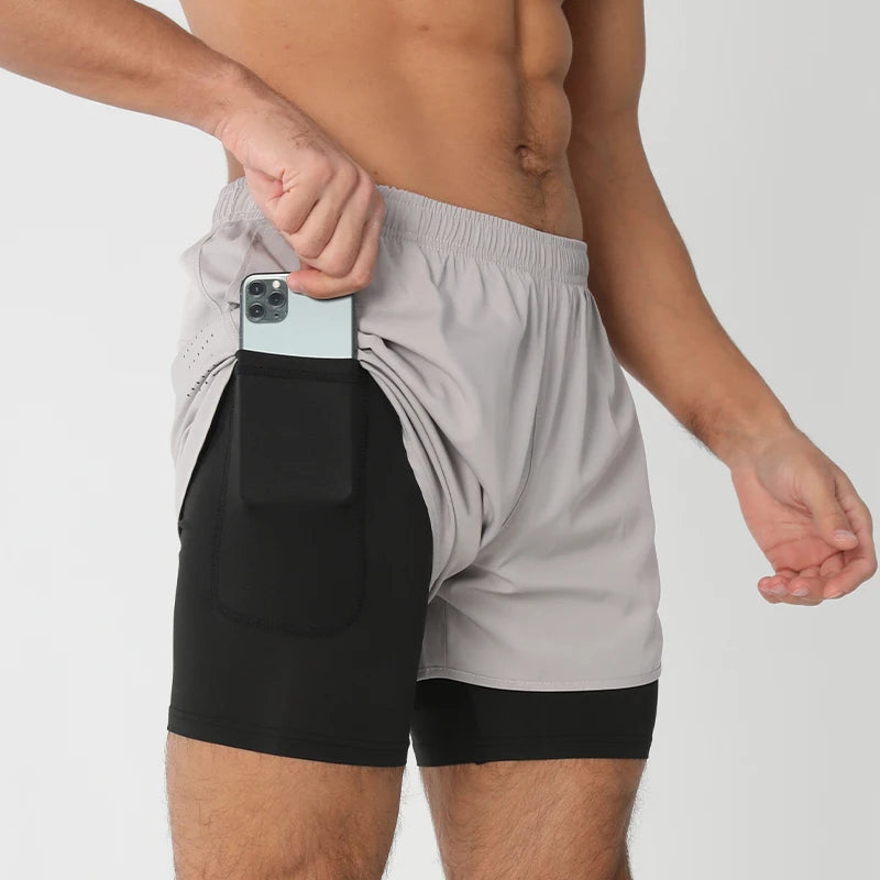 Men's Running Shorts Quick-drying Fitness Black Double Layer Shorts Men New Sport Workout Training Bodybuilding Short Pants