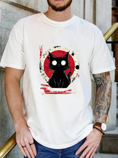 Durable] Men's Retro Cat Graphic T-Shirt - Black Short Sleeve Crewneck, 100% Cotton
