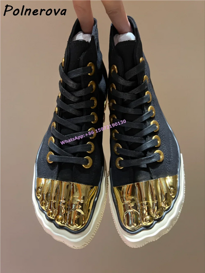 Five Finger Metal Toe Boots Mixed Color High Increase Cross Lace Up Mid Calf Boots Unique Gold Beige Sewing Fashion Women Shoes