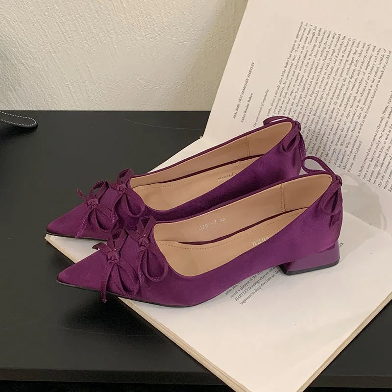 2025 New Fashion Silk Shallow Women Low Heel Shoes Butterfly-Knot Female Slip On Footwear Pointed Toe Ladies Heels Pumps Shoes