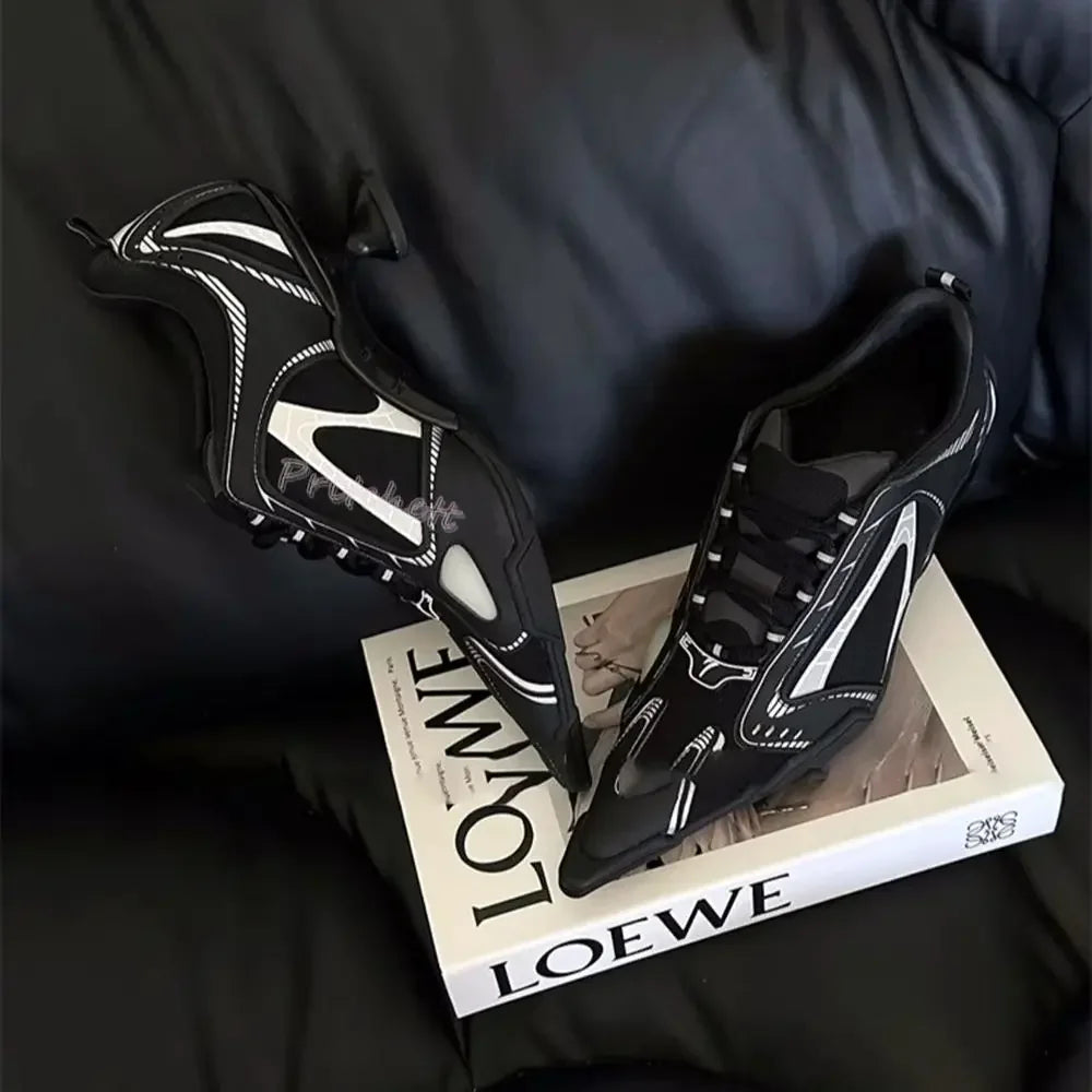 Sporty Ballet Casual Lace-up Sneaker Mesh Pointed Toe High Heels Women Stilettos Pumps Sexy Black Silver Girl Shoes Spring New