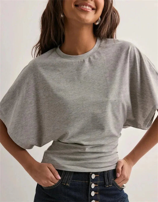 Women's Summer Loose Half Sleeve T-Shirt Tops O-Neck Waist Slimming Sweet Hottie Design Sense Positive Shoulder Chic Tees Top