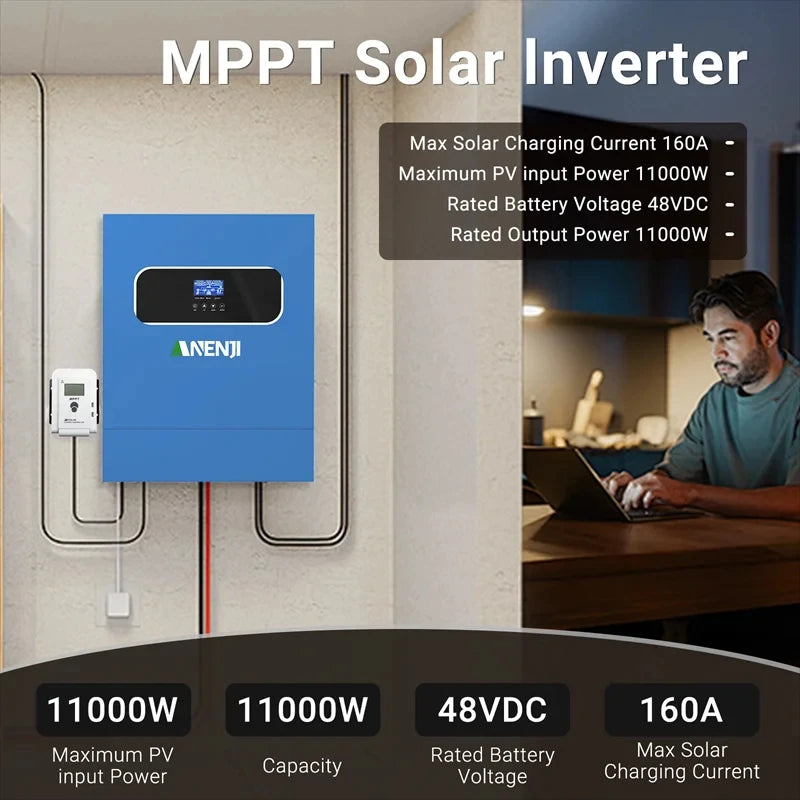 11KW Hybrid Solar Inverter MPPT Pure Sine Inverter 48V Off/On Grid Inversor PV 500V Dual Outputs Built-in 150A Charger