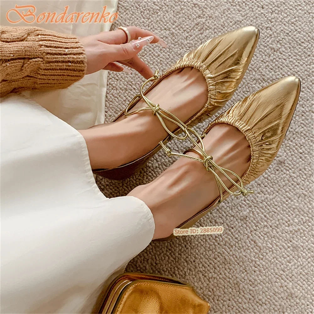 Retro Pleated Pumps Women Sexy Shoes Lace Up Solid Pointy Toe Chunky Med Heels New Style Pumps Summer Casual Shoes Designer