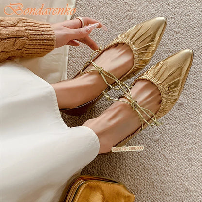 Retro Pleated Pumps Women Sexy Shoes Lace Up Solid Pointy Toe Chunky Med Heels New Style Pumps Summer Casual Shoes Designer