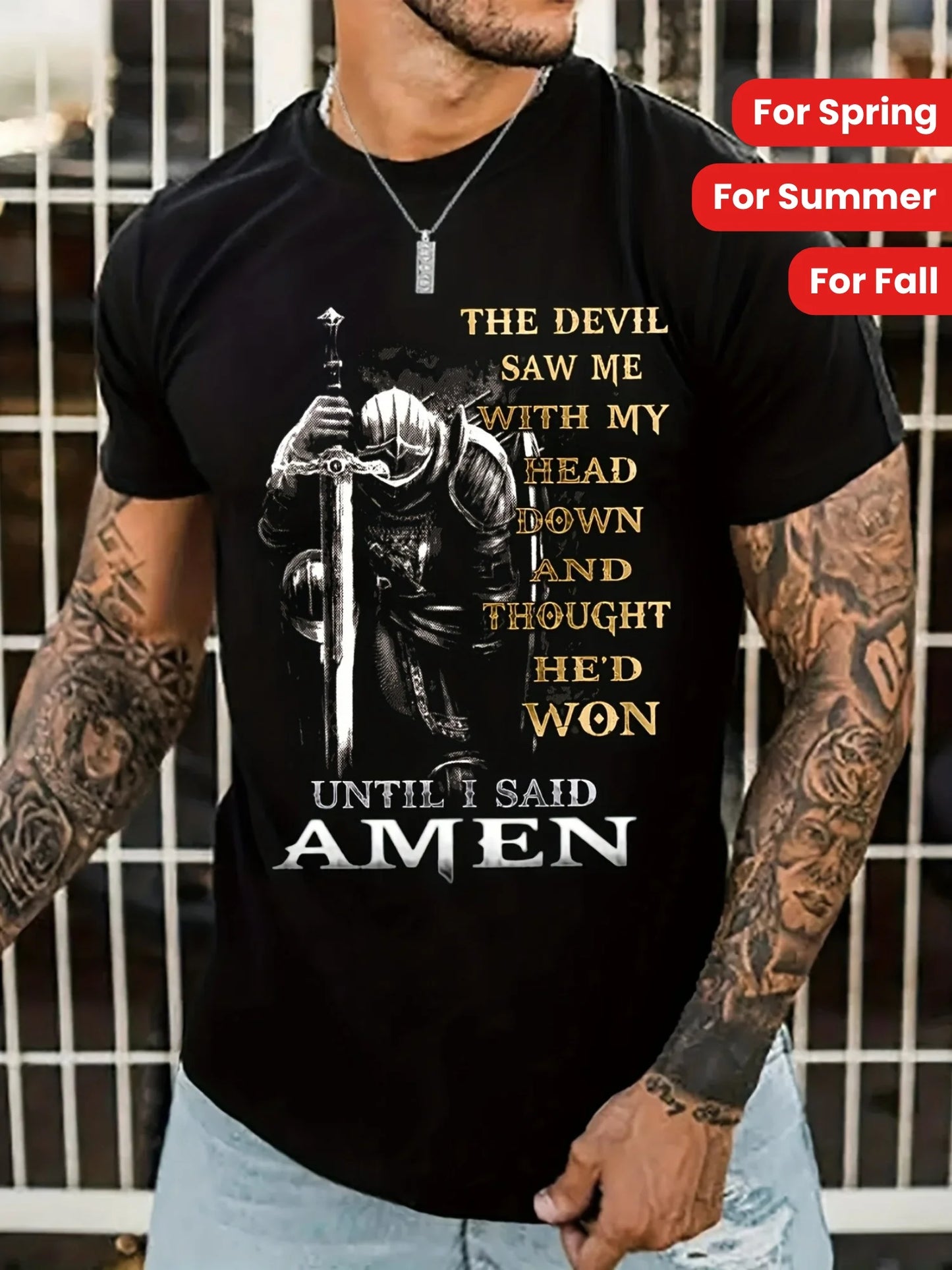 [Cotton Graphic Tee] 100% Cotton Men's Knight & Slogan Graphic Tee | Breathable Crew Neck T-Shirt with Medieval Soldier Design