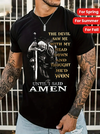 [Cotton Graphic Tee] 100% Cotton Men's Knight & Slogan Graphic Tee | Breathable Crew Neck T-Shirt with Medieval Soldier Design