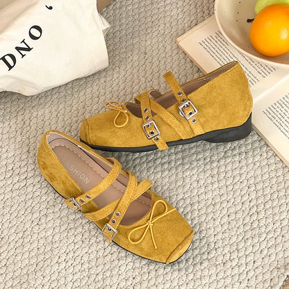 New Butterfly-knot Women Mary Jane Shoes Elegant Square Toe Dress Ladies Casual Internal Elevation Ballet Shoes