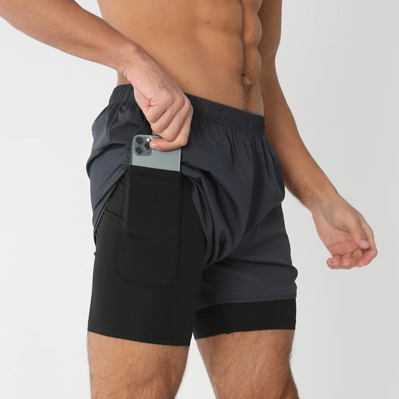 Men's Running Shorts Quick-drying Fitness Black Double Layer Shorts Men New Sport Workout Training Bodybuilding Short Pants