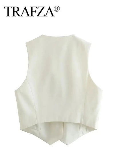 TRAFZA Fashion Women Vest Sleeveless Vests for Women Chic V-Neck Single-Breasted Ladies Elegant White Waistcoat Tops