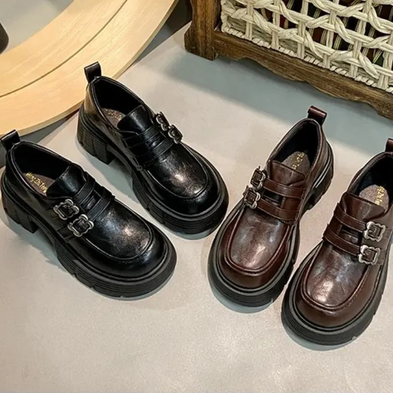 Women's Leather Shoes with High and Low Heels, Fashionable and Versatile New High-quality Retro-style Shoes with A Single Heel