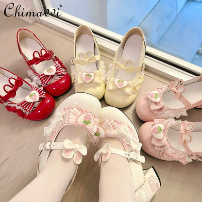 Original Sweet Strawberry Bow Cute Girl Lolita Shoes 2025 New Kawaii Princess Mary Jane Shoes Temperament Women's High Heels