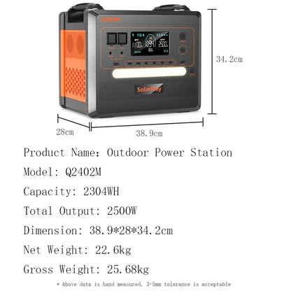SOLARPLAY Q2402M Outdoor Generator 2400W MPPT Portable Power Station with 1/2 X 200W Folable Solar Panels Trolley For RV Camping