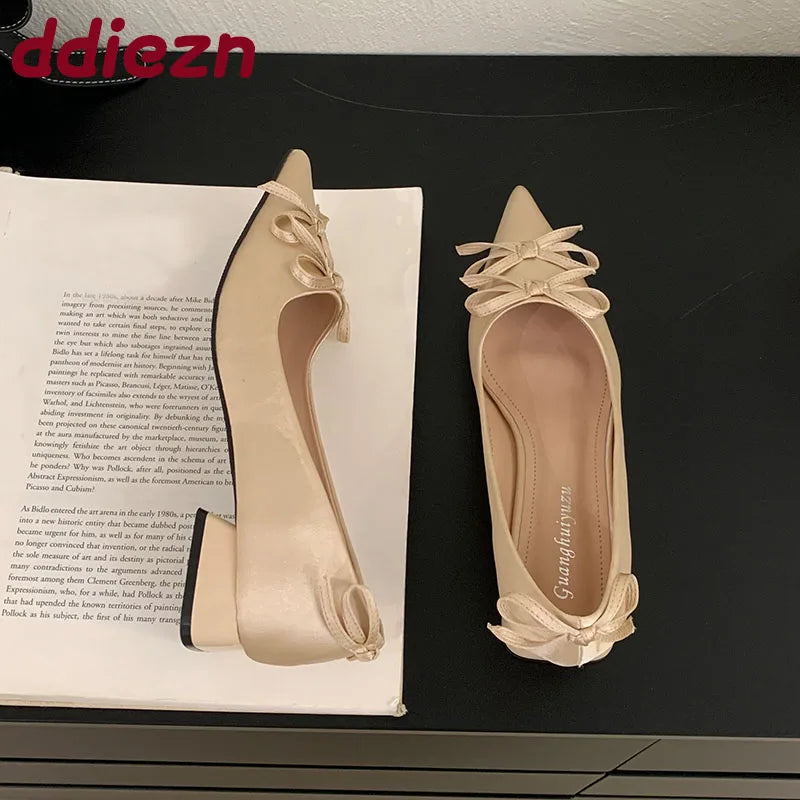 2025 New Fashion Silk Shallow Women Low Heel Shoes Butterfly-Knot Female Slip On Footwear Pointed Toe Ladies Heels Pumps Shoes