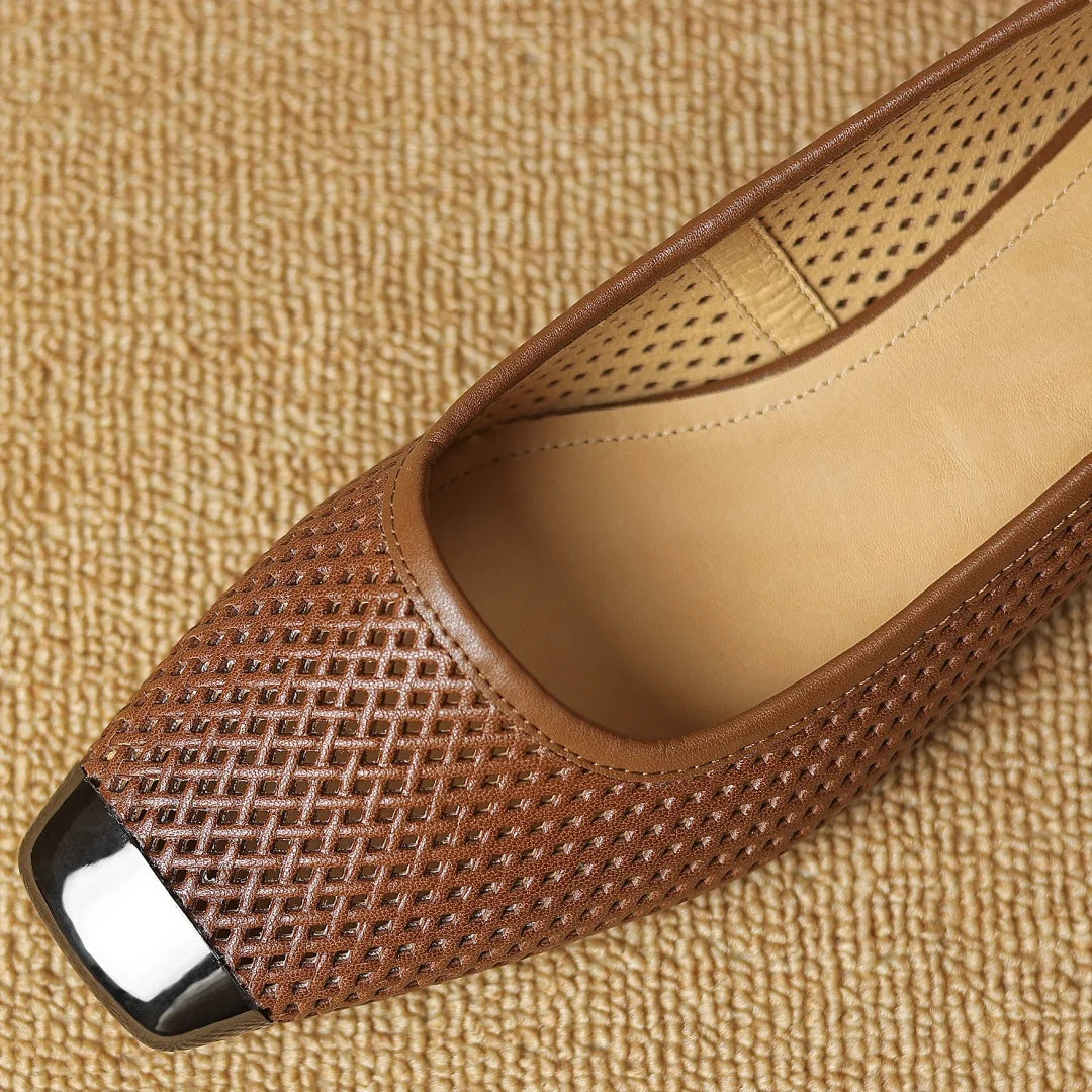 Plus size 34-41 women's hollow-out sheepskin slip-on summer breathable pumps metal toe 3cm kitten heel elegant ladies heels shoe