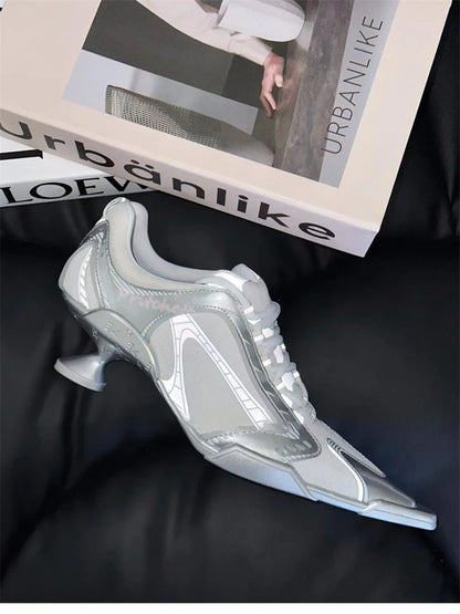 Sporty Ballet Casual Lace-up Sneaker Mesh Pointed Toe High Heels Women Stilettos Pumps Sexy Black Silver Girl Shoes Spring New