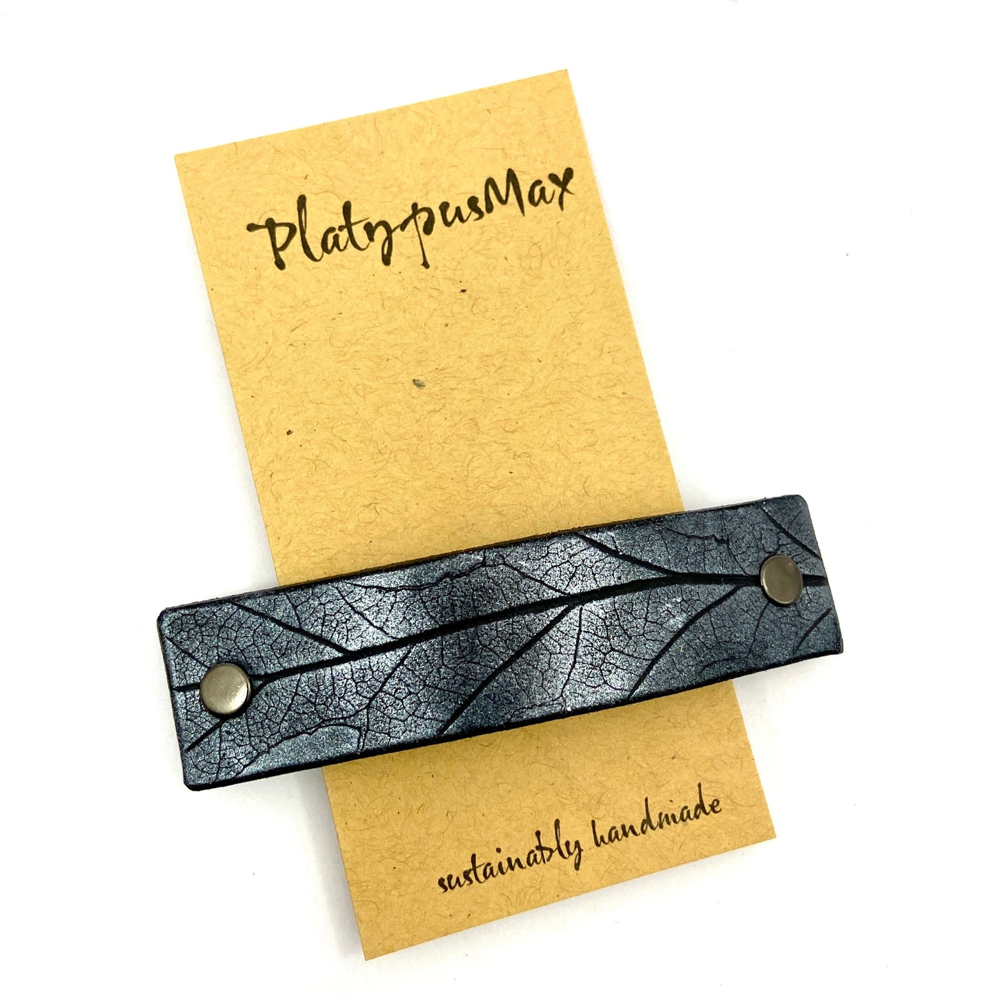 Silver on Black Oak Leaf Imprint Leather Hair Barrette-0