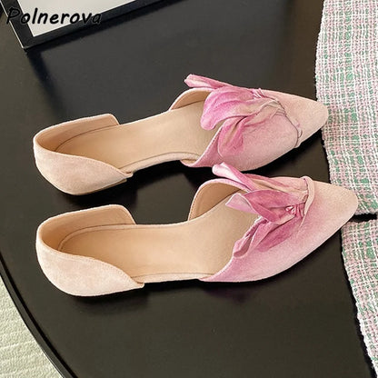 Green Pink Bud Pumps Flat Pleated Gradient Flower Mid Empty Genuine Leather Dress Shoes Elegant Women's Lovely Pumps 2025