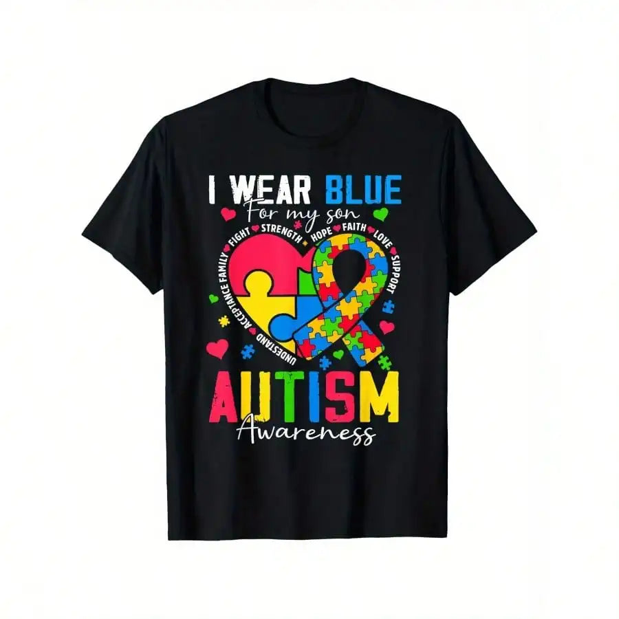 I Wear Blue for My Son Autism Awareness T-Shirt - Vibrant Puzzle Piece & Heart Design,Relaxed Fit Crew Neck Tee