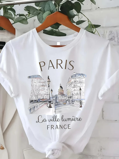 90s T Shirt Paris Women Print T-shirt Girl Short Sleeve Crew Neck Casual Top for Summer Spring Women's Clothing