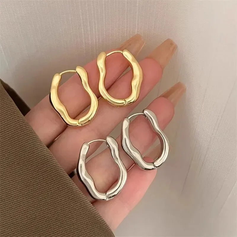 Gold Silver Color Irregular Geometric Metallic Hoop Earrings for Women Simple Cool Ear Buckle Personalized Party Fashion Jewelry