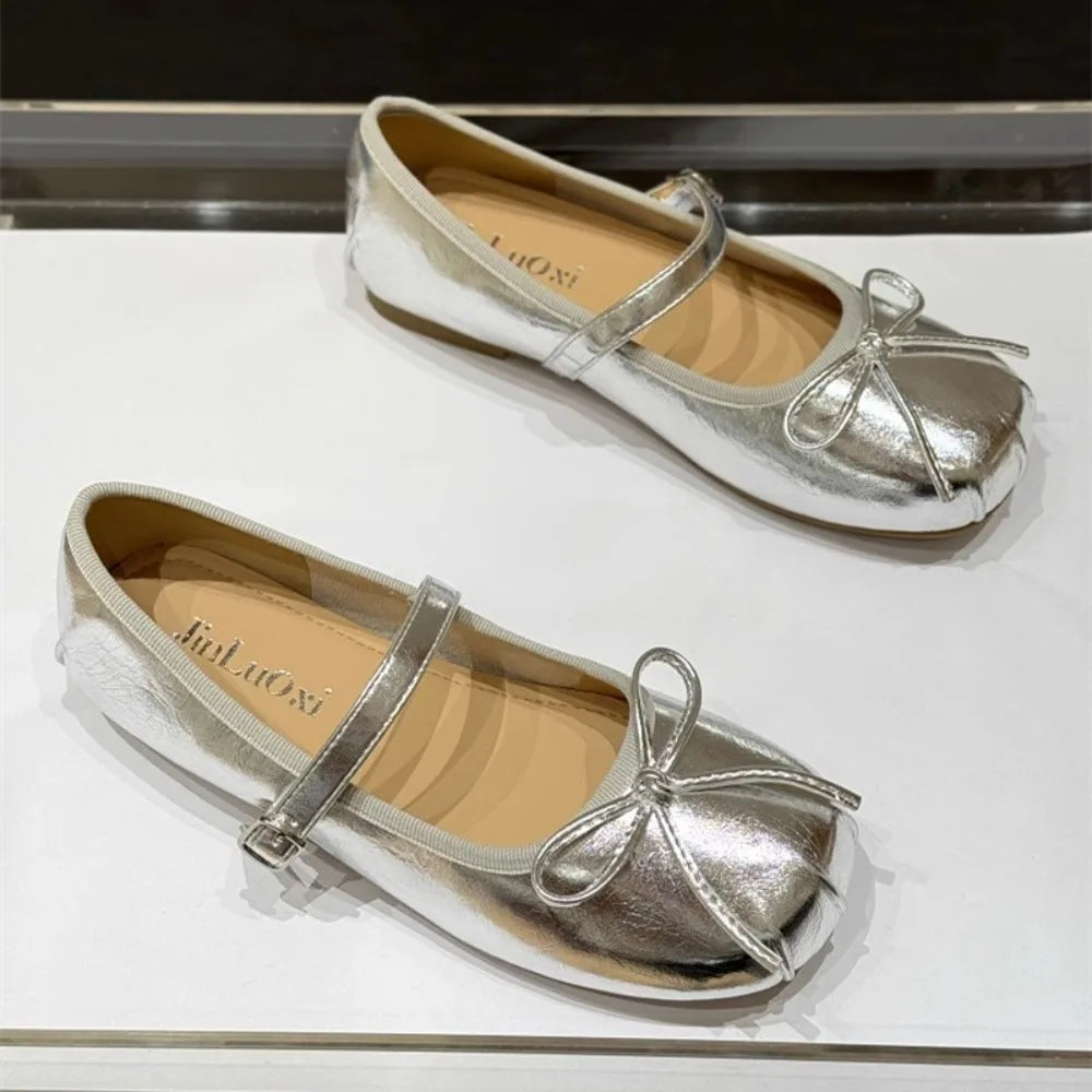 Low-heeled Pumps Women's Leather Flat Bottom with Mary Jane Small Leather Shoes Women's 2025 Summer New Bow Single Shoes Women