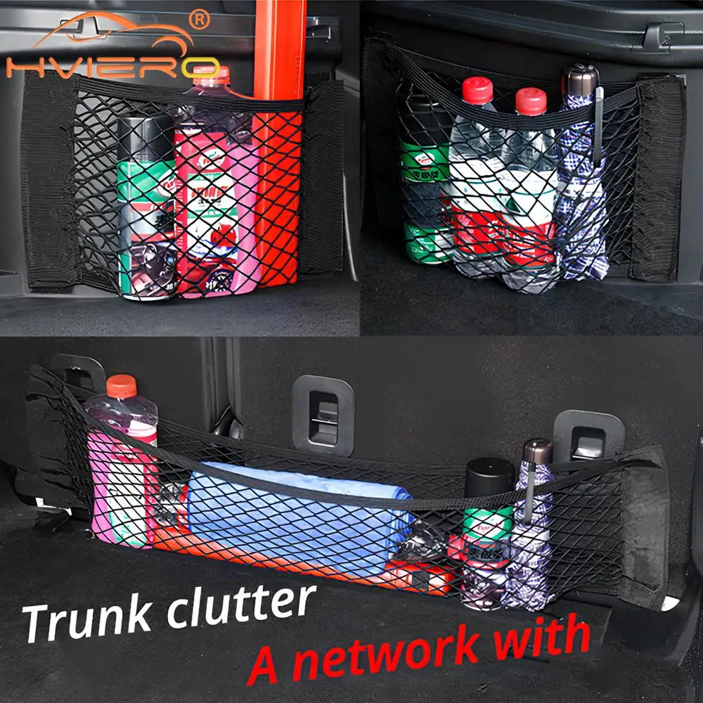Car Back Rear Trunk Organizer Net Mesh Seat Elastic String Magic Sticker Universal Storage Bag Pocket Auto Accessories Put Paper