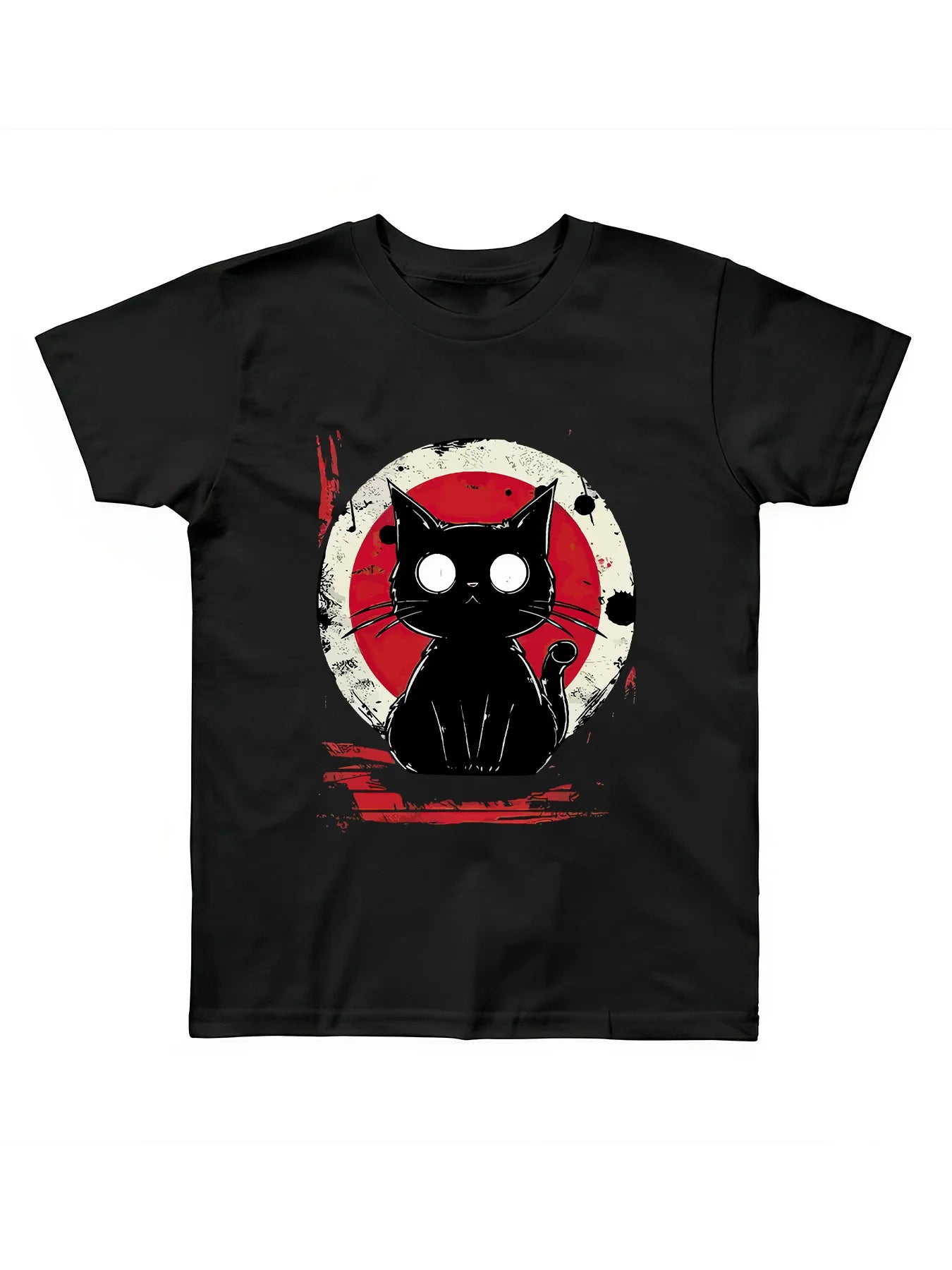Durable] Men's Retro Cat Graphic T-Shirt - Black Short Sleeve Crewneck, 100% Cotton