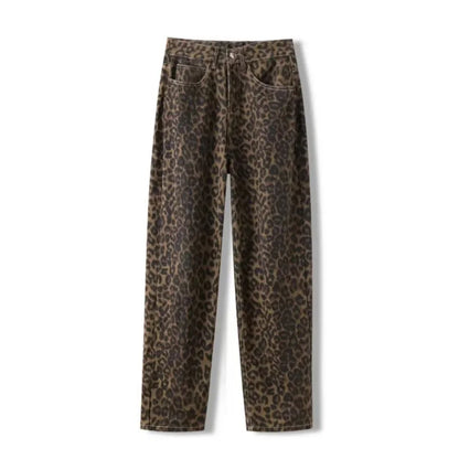 American vintage leopard print jeans female autumn winter new design sense small straight tube overalls casual pants
