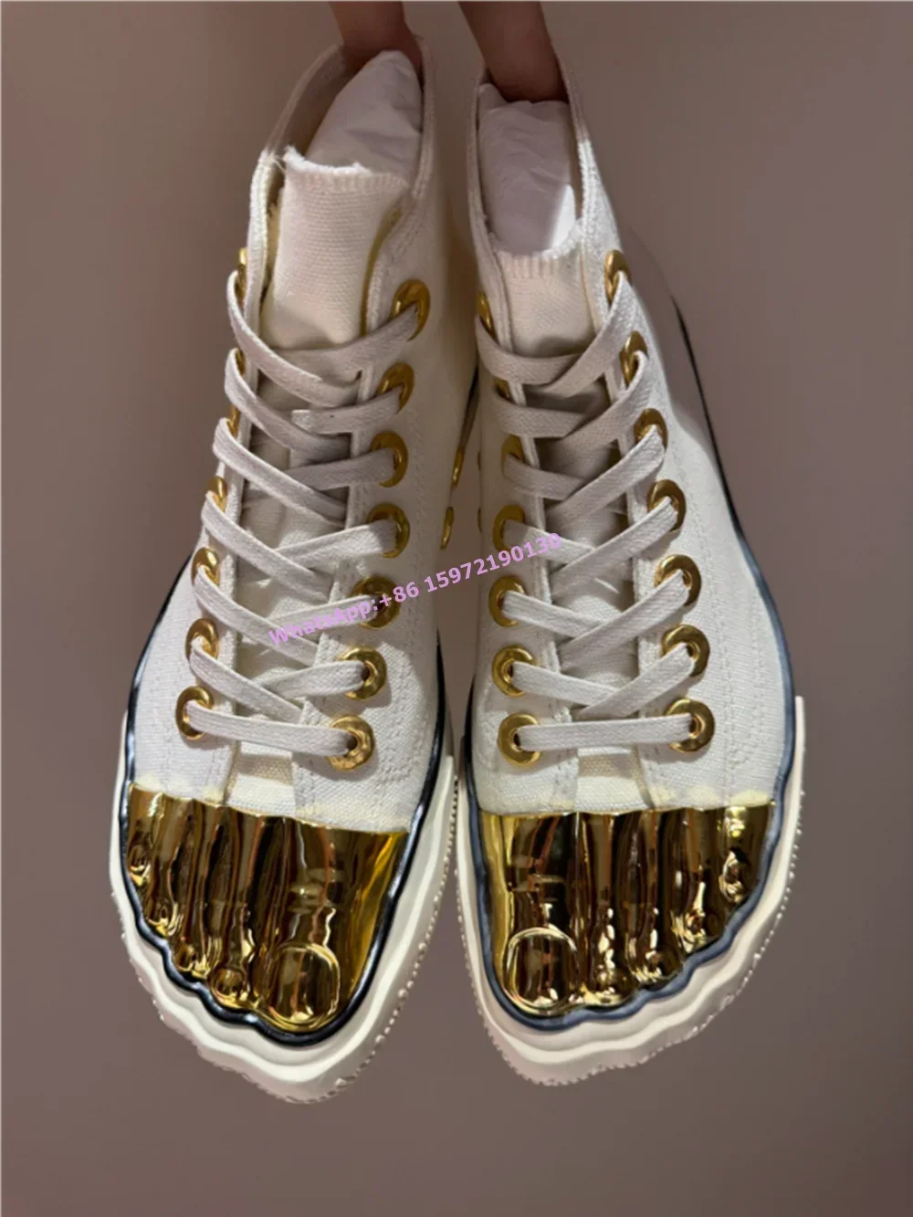 Five Finger Metal Toe Boots Mixed Color High Increase Cross Lace Up Mid Calf Boots Unique Gold Beige Sewing Fashion Women Shoes