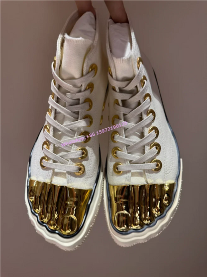 Five Finger Metal Toe Boots Mixed Color High Increase Cross Lace Up Mid Calf Boots Unique Gold Beige Sewing Fashion Women Shoes
