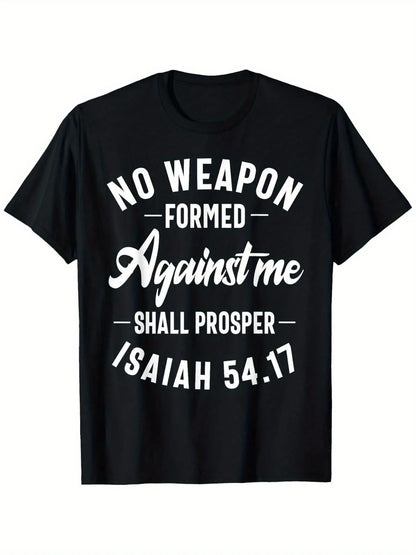 Men'S 100% Cotton Christian Faith T-Shirt - "No Weapon Formed Against Me Shall Prosper" Isaiah 54:17 Print, Casual Round Neck