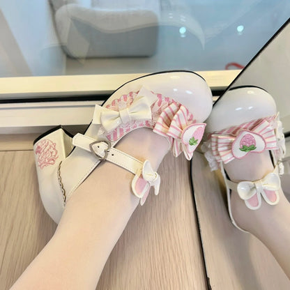 Original Sweet Strawberry Bow Cute Girl Lolita Shoes 2025 New Kawaii Princess Mary Jane Shoes Temperament Women's High Heels