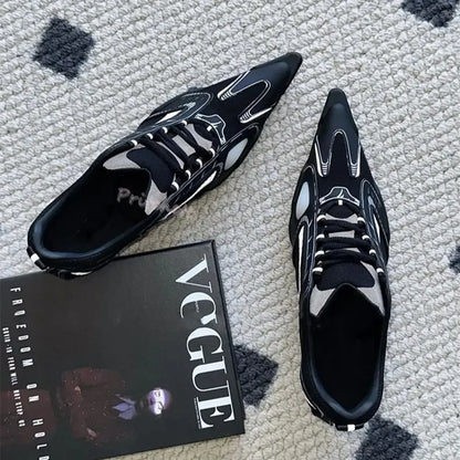 Sporty Ballet Casual Lace-up Sneaker Mesh Pointed Toe High Heels Women Stilettos Pumps Sexy Black Silver Girl Shoes Spring New