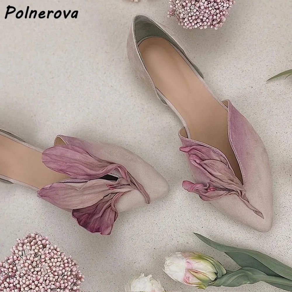 Green Pink Bud Pumps Flat Pleated Gradient Flower Mid Empty Genuine Leather Dress Shoes Elegant Women's Lovely Pumps 2025