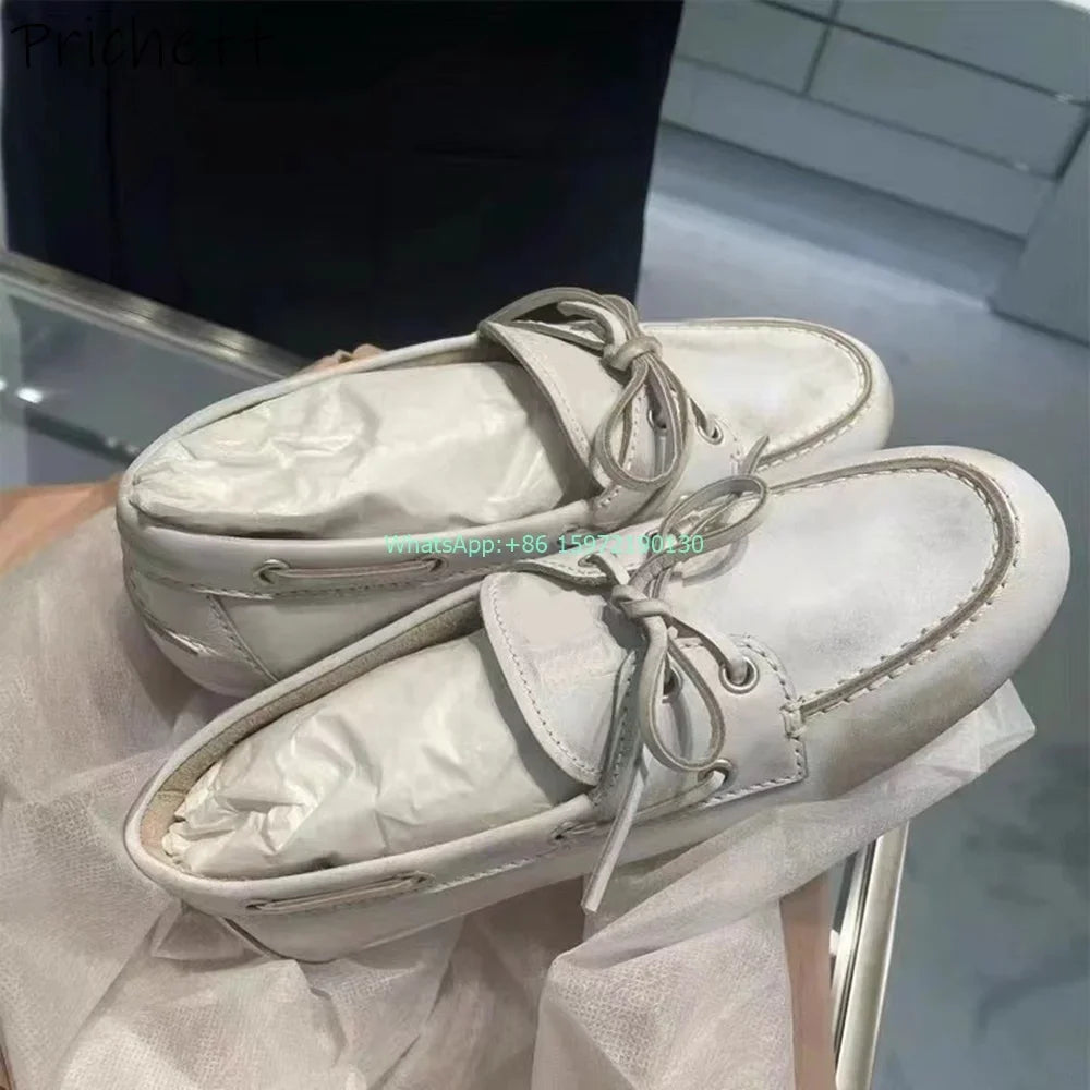 Niche Lace Up Butterfly Knot Pumps Shallow Round Toe Solid Brown Sewing Flat with Shoes Ladies Fashion Leisure Leather Shoes