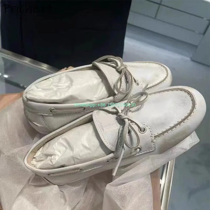 Niche Lace Up Butterfly Knot Pumps Shallow Round Toe Solid Brown Sewing Flat with Shoes Ladies Fashion Leisure Leather Shoes