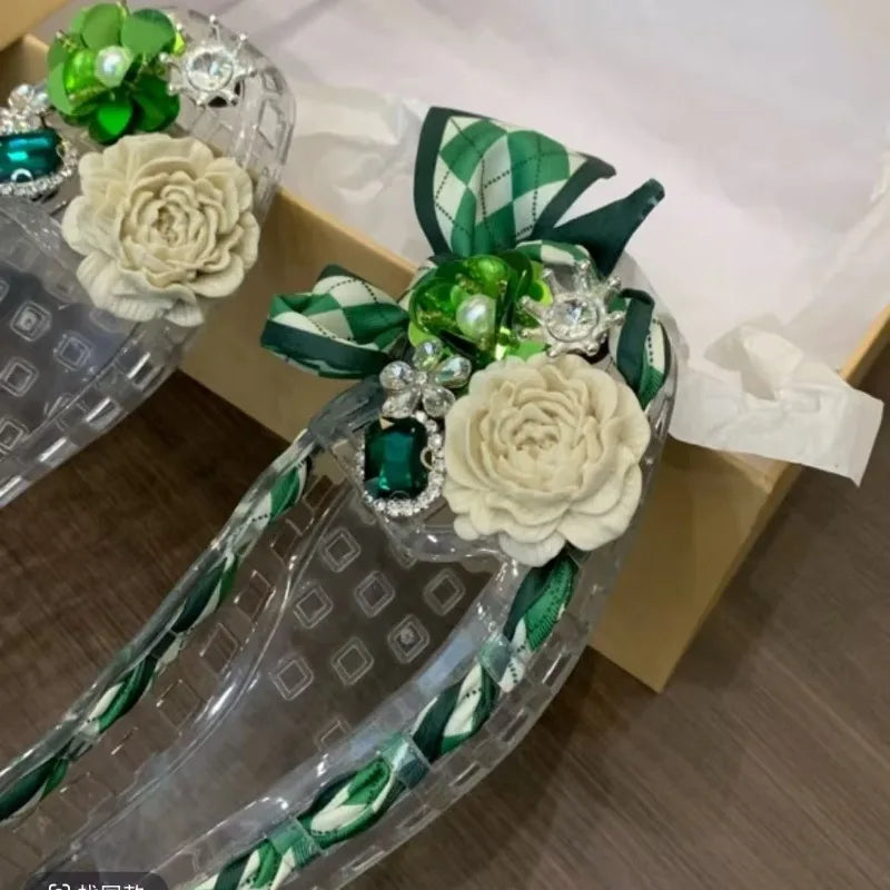 New Style Square-toe Open-toe Sandals with Flat Sole Jelly-style Shoes DlY Shoes Floral Handcrafted Withcrystals and Nettin