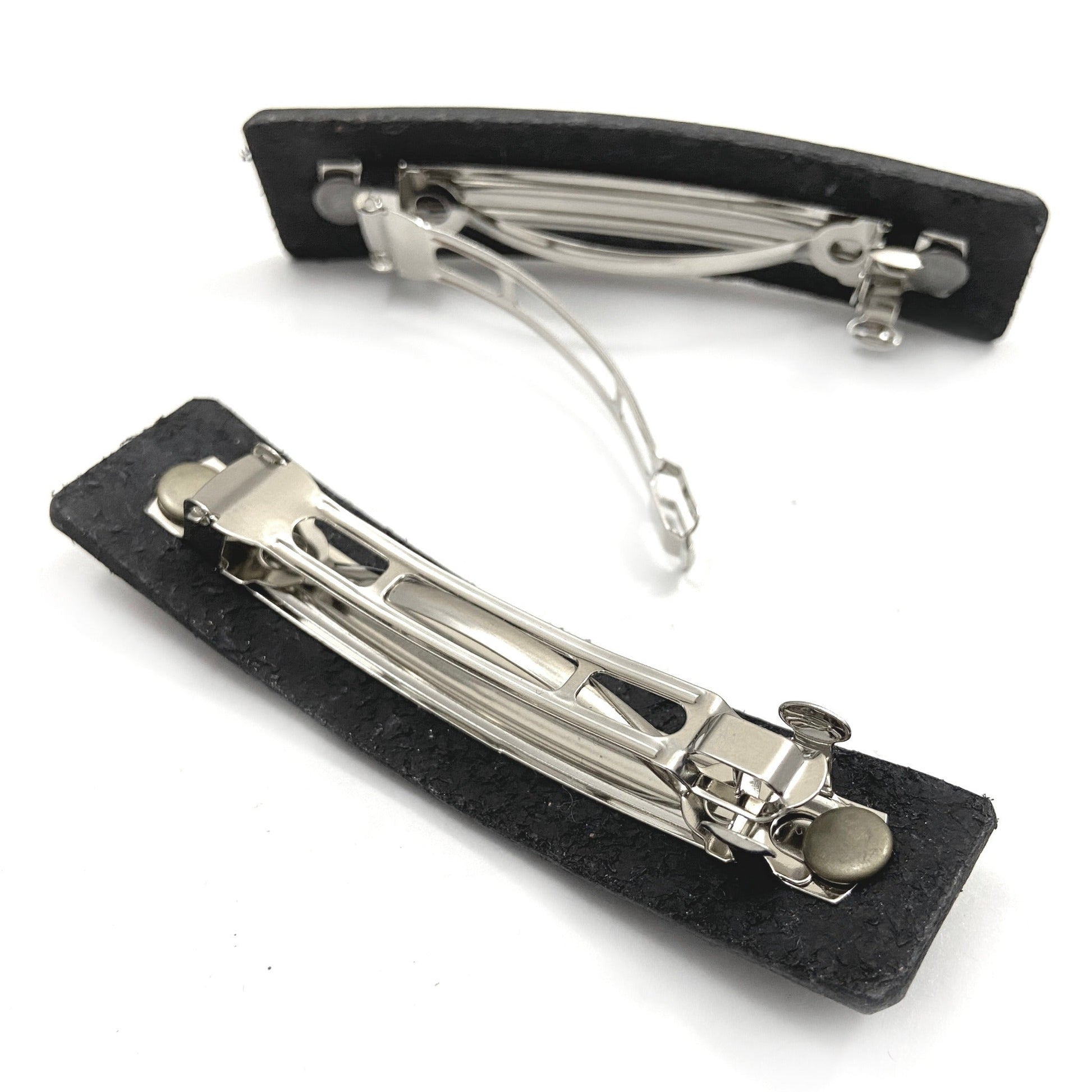 Silver on Black Oak Leaf Imprint Leather Hair Barrette-3