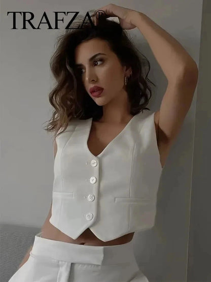 TRAFZA Fashion Women Vest Sleeveless Vests for Women Chic V-Neck Single-Breasted Ladies Elegant White Waistcoat Tops